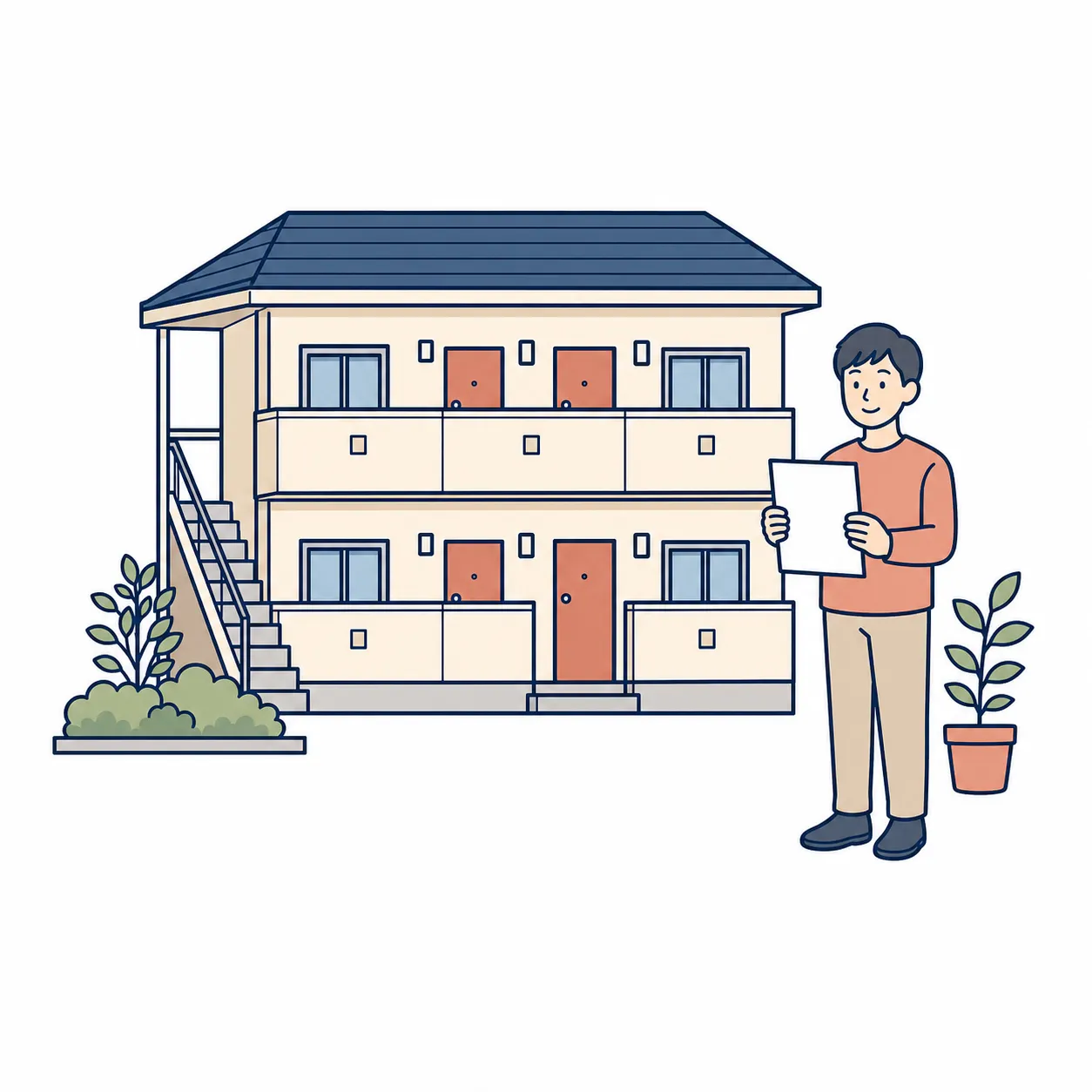 賃貸住宅の前で管理会社への確認書類を持つ入居者のイラスト